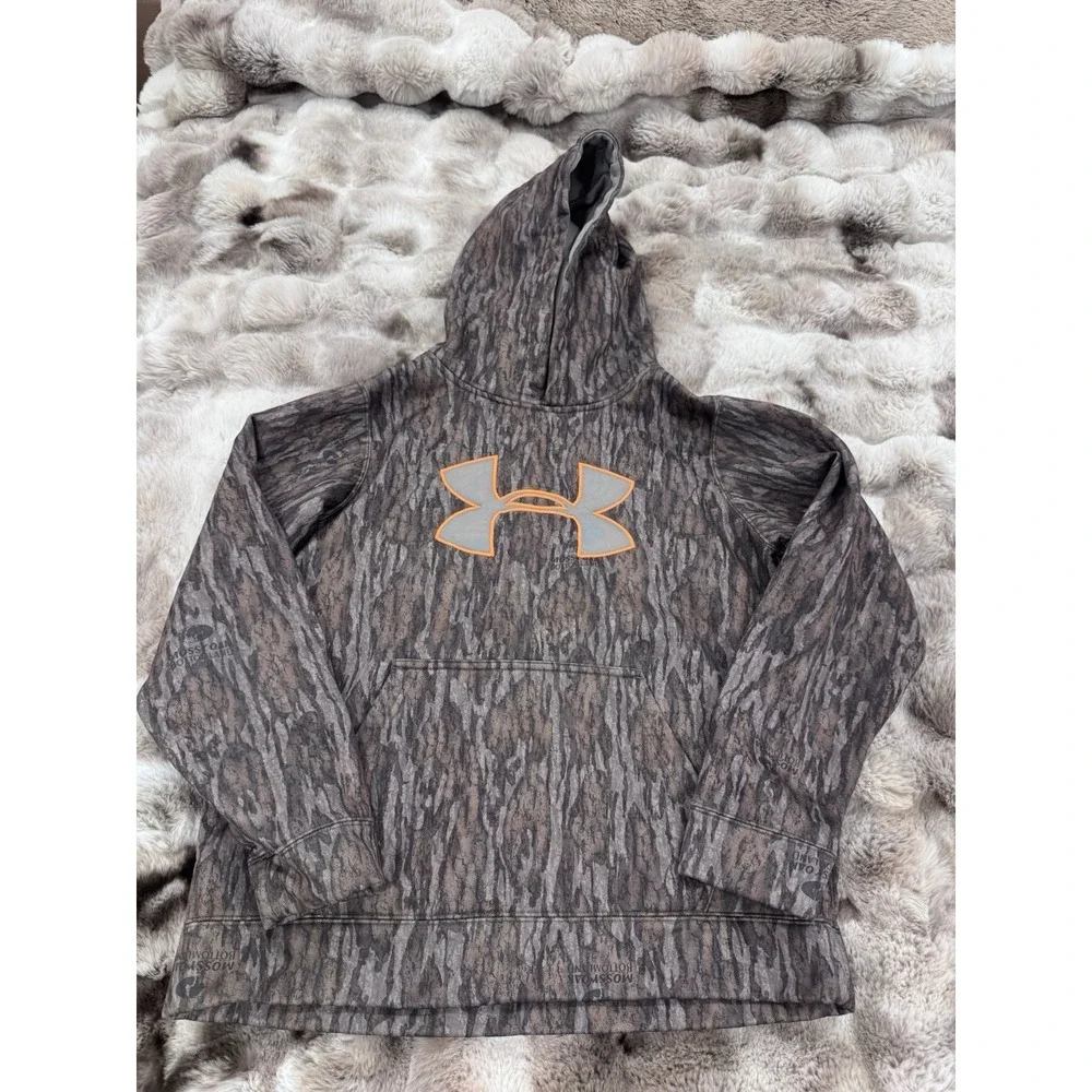 Under Armour Boys Camo Pullover Hooded Hoodie w/ Pockets Orange Logo L